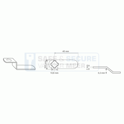 Eurolocks losse sluitlip Kruis-aansluiting 2 mm. dik, type 7230845 schuin verloop 3,2 mm. lengte 45 mm. 