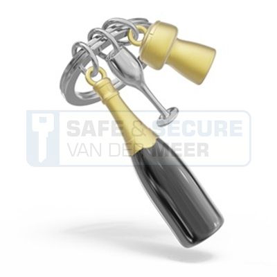 Metalmorphose sleutelhanger zwarte champagnefles met goudkleurige kurk en zilverkleurig glas 